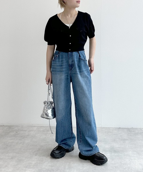 ネイビー ハート柄 半袖 カーディガン w closet（ダブルクローゼット）の「ハート柄半袖ニットカーディガン