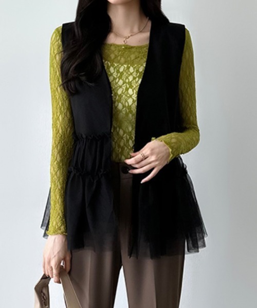 COCOMOMO（ココモモ）の「総レースシアートップス 透け感 レース ストレッチ トップス シアートップス 長袖 カットソー 長袖 レイヤードトップス オケージョン パーティー セレモニー オフィスカジュアル 春服 夏服（Tシャツ/カットソー・レディース・ブラック/オレンジ/ホワイト/ライトブルー/オリーブ/スモークピンク/スモークグレー・FREE）」の9枚目の写真