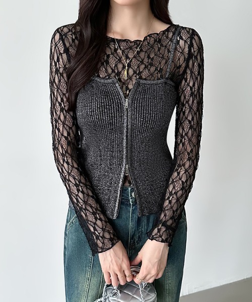 COCOMOMO（ココモモ）の「総レースシアートップス 透け感 レース ストレッチ トップス シアートップス 長袖 カットソー 長袖 レイヤードトップス オケージョン パーティー セレモニー オフィスカジュアル 春服 夏服（Tシャツ/カットソー・レディース・ブラック/オレンジ/ホワイト/ライトブルー/オリーブ/スモークピンク/スモークグレー・FREE）」の8枚目の写真