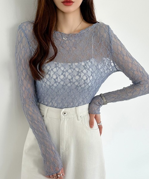 COCOMOMO（ココモモ）の「総レースシアートップス 透け感 レース ストレッチ トップス シアートップス 長袖 カットソー 長袖 レイヤードトップス オケージョン パーティー セレモニー オフィスカジュアル 春服 夏服（Tシャツ/カットソー・レディース・ブラック/オレンジ/ホワイト/ライトブルー/オリーブ/スモークピンク/スモークグレー・FREE）」の18枚目の写真