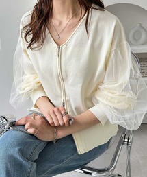 チュール袖ダブルジップカーディガン