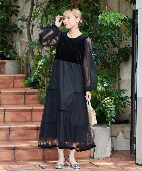 CIAOPANIC（チャオパニック）の「【WEB限定】【オケージョン/結婚式】チュールドッキングベロアオケージョンワンピース（ドレス・レディース・ブラック/カーキ/ブルー・SMALL/MEDIUM）」の7枚目の写真