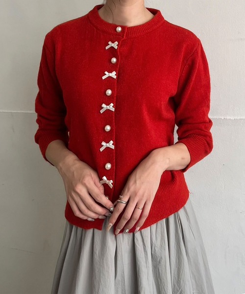 Jewelobe（ジュエローブ）の「パール×リボンニットカーディガン（カーディガン/ボレロ・レディース・レッド/ブラック/オフホワイト/グレー・FREE）」の11枚目の写真