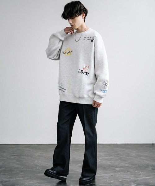 オーバーサイズ落書き総柄 裏起毛スウェットトレーナー（スウェット