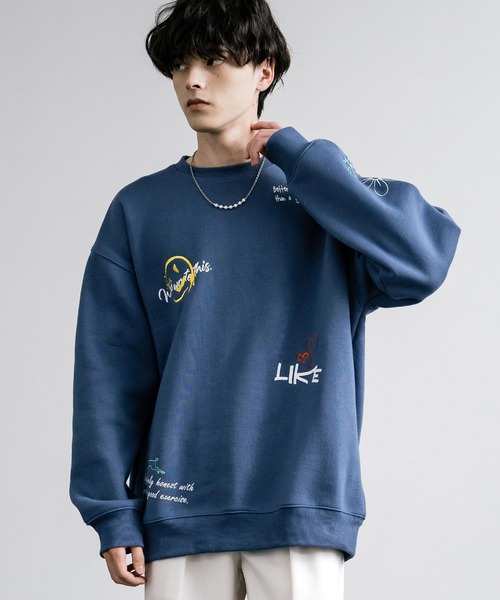 Rocky Monroe(ロッキーモンロー)の「オーバーサイズ落書き総柄 裏起毛スウェットトレーナー(スウェット・メンズ・ブルー/ブラウン/アッシュグレー/チャコール・L/M)」の7枚目の写真