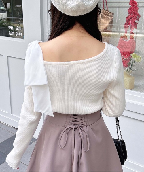 INGNI（イング）の「ワンショル肩リボンニット（ニット/セーター・レディース・グレー系その他/ブラック/オフホワイト/ボルドー・M）」の11枚目の写真