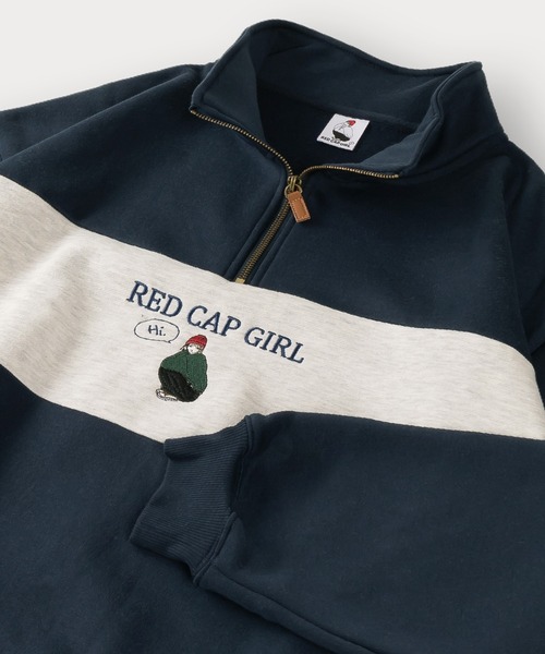 Red Cap Girl（レッドキャプガール）の「【Red Cap Girl／レッドキャップガール】 ロゴ＆ガールワンポイント刺繍  切替ハーフジップ スウェット オーバーサイズ ユニセックス 裏起毛 推し活（スウェット・メンズ・チャコールグレー/アッシュグレー/オフホワイト/ネイビー/グリーン・M/L）」の5枚目の写真