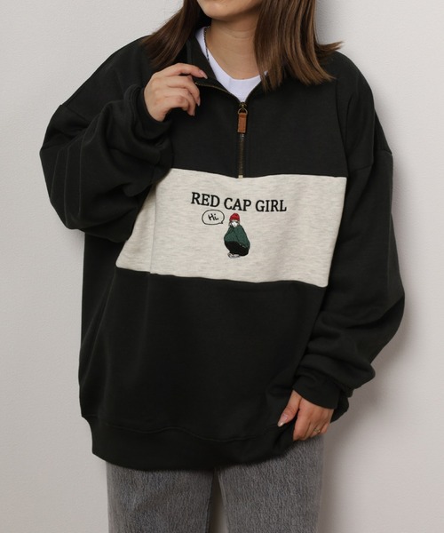 Red Cap Girl（レッドキャプガール）の「【Red Cap Girl／レッドキャップガール】 ロゴ＆ガールワンポイント刺繍  切替ハーフジップ スウェット オーバーサイズ ユニセックス 裏起毛 推し活（スウェット・メンズ・チャコールグレー/アッシュグレー/オフホワイト/ネイビー/グリーン・M/L）」の18枚目の写真