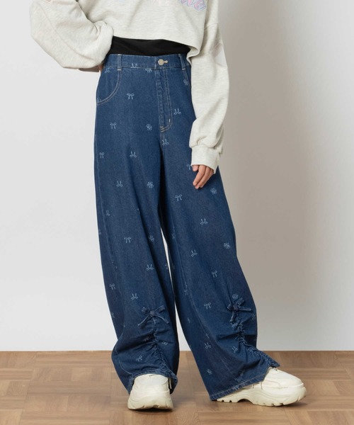 (R)ibon.様 VIVIAN BLUE】リボン抜染デニムワイドパンツ（デニムパンツ）｜Right