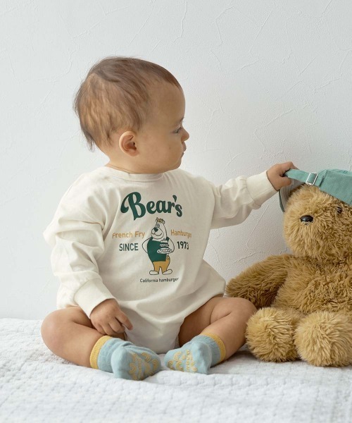 devirock（デビロック）の「綿100％ デビラボ プリント ゆったり 長袖 ロンパース（ロンパース・キッズ・ブルー系1/イエロー系1/グレー系1/パープル系1/グリーン系2/グリーン系1/ブルー系2/ホワイト系1・70cm/80ｃｍ）」の2枚目の写真