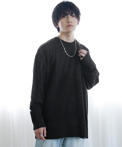 MinoriTY】アシンメトリー7G斜め編みロング丈ニットセーター メンズ 袖
