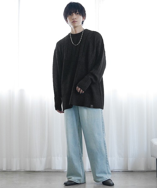 MinoriTY】アシンメトリー7G斜め編みロング丈ニットセーター メンズ 袖