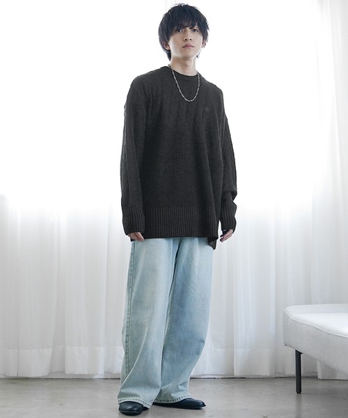 MinoriTY】アシンメトリー7G斜め編みロング丈ニットセーター