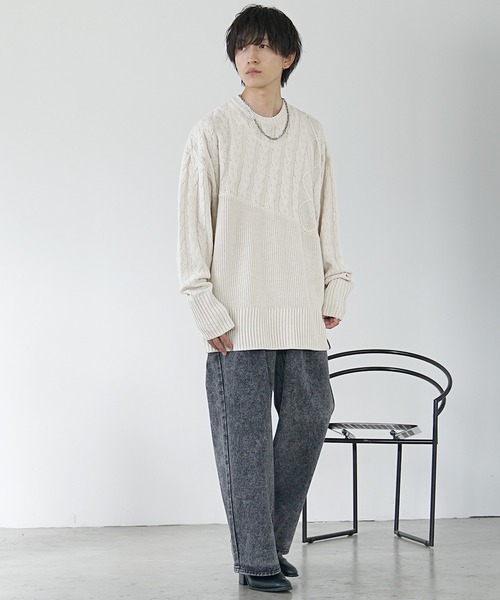 セール】【MinoriTY】アシンメトリー7G斜め編みロング丈ニットセーター