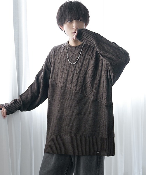 MinoriTY(マイノリティ)の「【MinoriTY】アシンメトリー7G斜め編みロング丈ニットセーター メンズ 袖リブ オーバーサイズ ビッグシルエット 春服 冬服(ニット/セーター・メンズ・ブラウン/ブラック/ベージュ・L/M/S)」の10枚目の写真