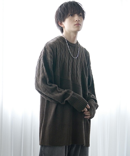 MinoriTY】アシンメトリー7G斜め編みロング丈ニットセーター