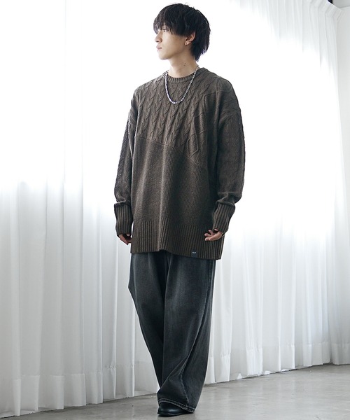 セール】【MinoriTY】アシンメトリー7G斜め編みロング丈ニット