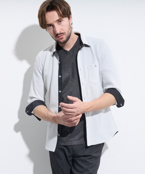 HIDEAWAYS NICOLE（ハイダウェイニコル）の「ブライトタックバイアス7分袖シャツ（シャツ/ブラウス・メンズ・ブラック×ホワイト/ネイビー×ホワイト/ホワイト×ブラック・LARGE/MEDIUM/X-LARGE）」の2枚目の写真