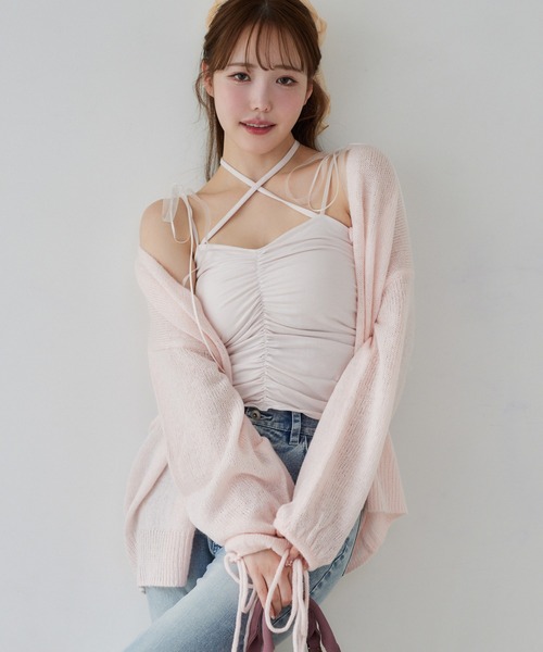 one after another NICE CLAUP(ワンアフターアナザーナイスクラップ)の「袖リボンVネックカーディガン(カーディガン/ボレロ・レディース・ブルー/ピンク/ライトグレー/ホワイト・FREE)」の17枚目の写真