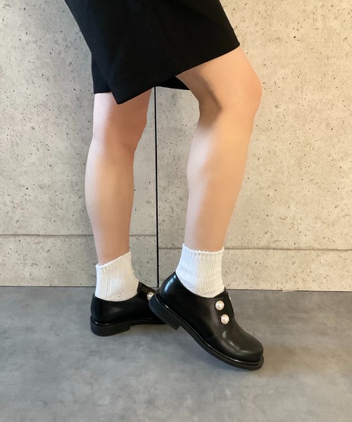 039 さま専用 2.7cmヒール/フロントゴム】パールデザイン ローファー ALL BLACK