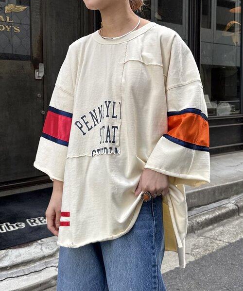 etsinta（エシンタ）の「【etsinta/エシンタ】リメイク切替カレッジオーバTEE（Tシャツ/カットソー・レディース・ネイビー/オフホワイト・ONE SIZE）」の4枚目の写真