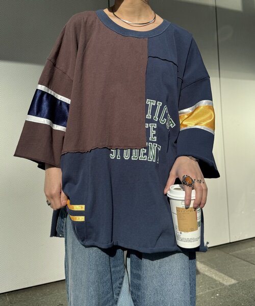 etsinta（エシンタ）の「【etsinta/エシンタ】リメイク切替カレッジオーバTEE（Tシャツ/カットソー・レディース・ネイビー/オフホワイト・ONE SIZE）」の7枚目の写真