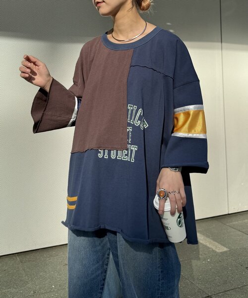 etsinta（エシンタ）の「【etsinta/エシンタ】リメイク切替カレッジオーバTEE（Tシャツ/カットソー・レディース・ネイビー/オフホワイト・ONE SIZE）」の9枚目の写真