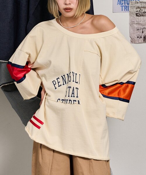 etsinta（エシンタ）の「【etsinta/エシンタ】リメイク切替カレッジオーバTEE（Tシャツ/カットソー・レディース・ネイビー/オフホワイト・ONE SIZE）」の12枚目の写真