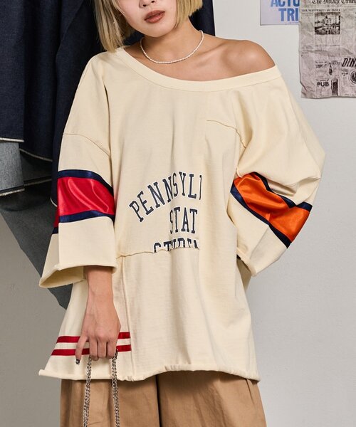 etsinta（エシンタ）の「【etsinta/エシンタ】リメイク切替カレッジオーバTEE（Tシャツ/カットソー・レディース・ネイビー/オフホワイト・ONE SIZE）」の13枚目の写真