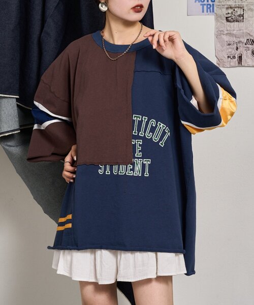 tシャツ 「etsinta/エシンタ」リメイク切替カレッジオーバTEE レディース メンズ セール】【etsinta/エシンタ】リメイク切替カレッジオーバTEE（T