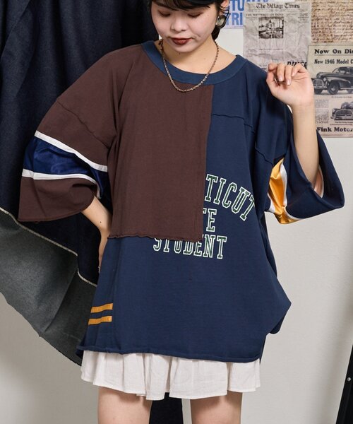tシャツ 「etsinta/エシンタ」リメイク切替カレッジオーバTEE レディース メンズ セール】【etsinta/エシンタ】リメイク切替カレッジオーバTEE（T