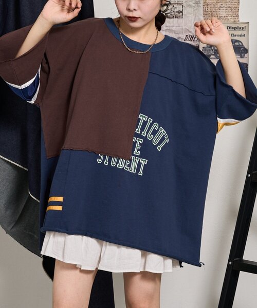 tシャツ 「etsinta/エシンタ」リメイク切替カレッジオーバTEE レディース メンズ セール】【etsinta/エシンタ】リメイク切替カレッジオーバTEE（T