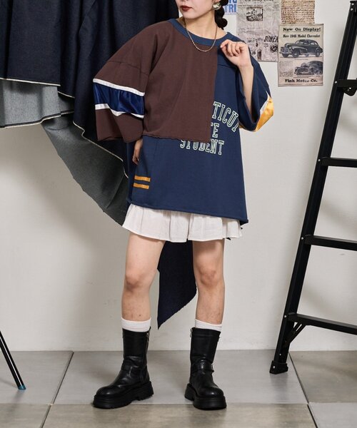 tシャツ 「etsinta/エシンタ」リメイク切替カレッジオーバTEE レディース メンズ セール】【etsinta/エシンタ】リメイク切替カレッジオーバTEE（T