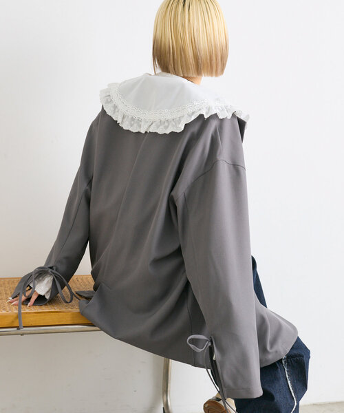 w closet(ダブルクローゼット)の「袖リボンBIGテーラードジャケット(テーラードジャケット・レディース・グレー/ベージュ/ネイビー・FREE)」の8枚目の写真