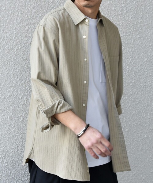 SHIPS any（シップス エニィ）の「SHIPS any:〈洗濯機可能〉コットン/リネン ストライプ ７分袖 レギュラー シャツ◇（シャツ/ブラウス・メンズ・オリーブ/ベージュ/ホワイト/ネイビー・X-LARGE/LARGE/MEDIUM/SMALL）」の3枚目の写真