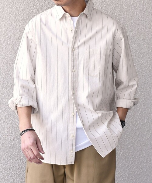 SHIPS any（シップス エニィ）の「SHIPS any:〈洗濯機可能〉コットン/リネン ストライプ ７分袖 レギュラー シャツ◇（シャツ/ブラウス・メンズ・オリーブ/ベージュ/ホワイト/ネイビー・X-LARGE/LARGE/MEDIUM/SMALL）」の2枚目の写真