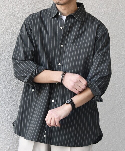 SHIPS any（シップス エニィ）の「SHIPS any:〈洗濯機可能〉コットン/リネン ストライプ ７分袖 レギュラー シャツ◇（シャツ/ブラウス・メンズ・オリーブ/ベージュ/ホワイト/ネイビー・X-LARGE/LARGE/MEDIUM/SMALL）」の4枚目の写真