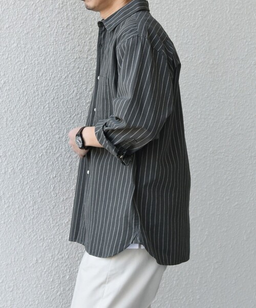 SHIPS any（シップス エニィ）の「SHIPS any:〈洗濯機可能〉コットン/リネン ストライプ ７分袖 レギュラー シャツ◇（シャツ/ブラウス・メンズ・オリーブ/ベージュ/ホワイト/ネイビー・X-LARGE/LARGE/MEDIUM/SMALL）」の6枚目の写真