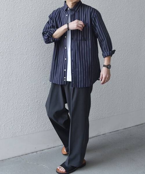 SHIPS any（シップス エニィ）の「SHIPS any:〈洗濯機可能〉コットン/リネン ストライプ ７分袖 レギュラー シャツ◇（シャツ/ブラウス・メンズ・オリーブ/ベージュ/ホワイト/ネイビー・X-LARGE/LARGE/MEDIUM/SMALL）」の9枚目の写真