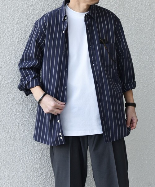 SHIPS any（シップス エニィ）の「SHIPS any:〈洗濯機可能〉コットン/リネン ストライプ ７分袖 レギュラー シャツ◇（シャツ/ブラウス・メンズ・オリーブ/ベージュ/ホワイト/ネイビー・X-LARGE/LARGE/MEDIUM/SMALL）」の10枚目の写真