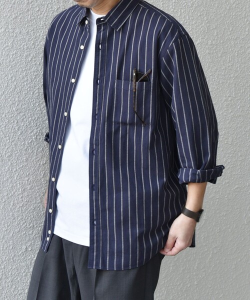 SHIPS any（シップス エニィ）の「SHIPS any:〈洗濯機可能〉コットン/リネン ストライプ ７分袖 レギュラー シャツ◇（シャツ/ブラウス・メンズ・オリーブ/ベージュ/ホワイト/ネイビー・X-LARGE/LARGE/MEDIUM/SMALL）」の11枚目の写真