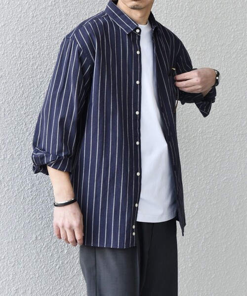 SHIPS any（シップス エニィ）の「SHIPS any:〈洗濯機可能〉コットン/リネン ストライプ ７分袖 レギュラー シャツ◇（シャツ/ブラウス・メンズ・オリーブ/ベージュ/ホワイト/ネイビー・X-LARGE/LARGE/MEDIUM/SMALL）」の12枚目の写真