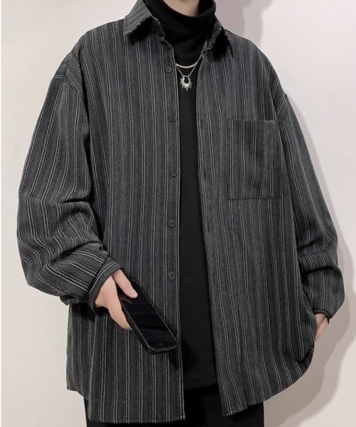 FreeZone(フリーゾーン)の「ストライプ柄シャツ(シャツ/ブラウス・メンズ・ブラック・FREE)」の2枚目の写真