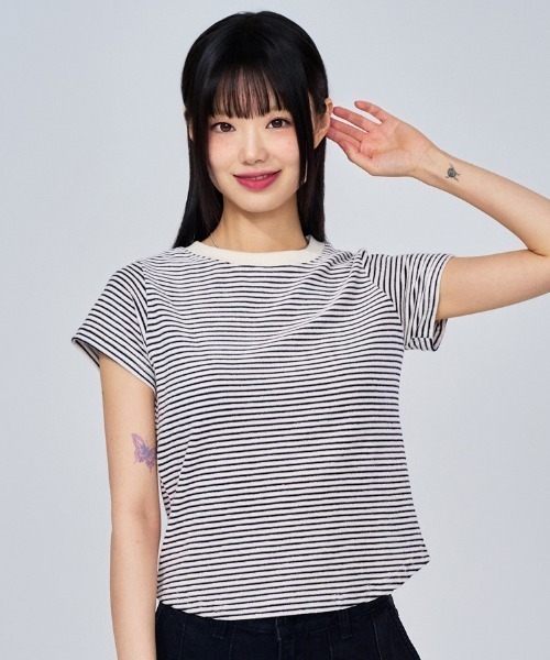 ACOVER(オコボ)の「A'GEM/9 × .kom 『ACOVER/オコボ』 Striped short sleeve t-shirt/ストライプ半袖TEE(Tシャツ/カットソー・レディース・アイボリー/ブラック・FREE)」の15枚目の写真