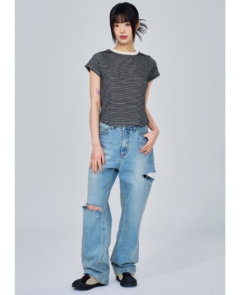 ACOVER(オコボ)の「A'GEM/9 × .kom 『ACOVER/オコボ』 Striped short sleeve t-shirt/ストライプ半袖TEE(Tシャツ/カットソー・レディース・アイボリー/ブラック・FREE)」の5枚目の写真