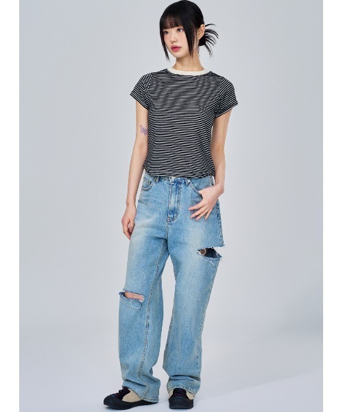 ACOVER(オコボ)の「A'GEM/9 × .kom 『ACOVER/オコボ』 Striped short sleeve t-shirt/ストライプ半袖TEE(Tシャツ/カットソー・レディース・アイボリー/ブラック・FREE)」の6枚目の写真