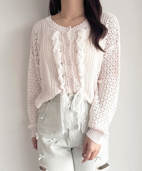 セール】透かしレースリボンカーディガン（カーディガン/ボレロ