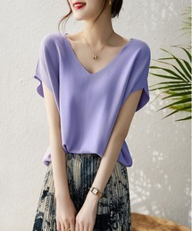 Tシャツ/カットソー（パープル/紫色系・Vネック）ファッション通販