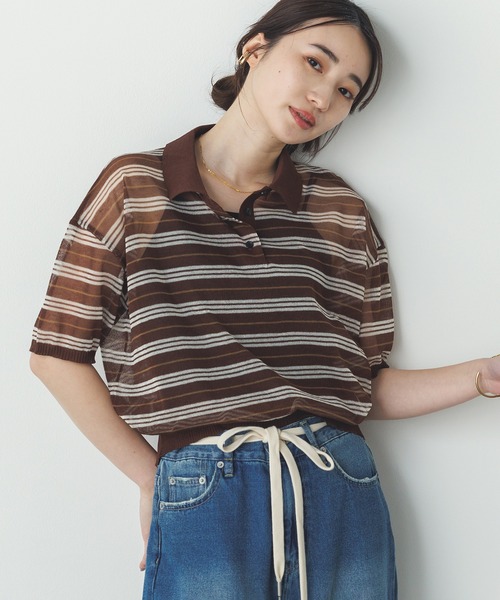 hunch（ハンチ）の「ボーダー シアーポロニット（ニット/セーター・レディース・ベージュ系その他/ブラウン系その他・FREE）」の2枚目の写真