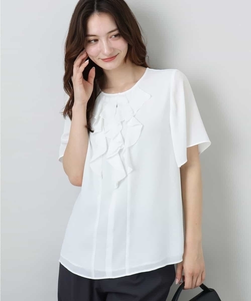 MK MICHEL KLEIN（エムケーミッシェルクラン）の「フリルディティールジョーゼットブラウス/洗える（シャツ/ブラウス・レディース・オレンジ系その他/ホワイト/ネイビー・38）」の2枚目の写真